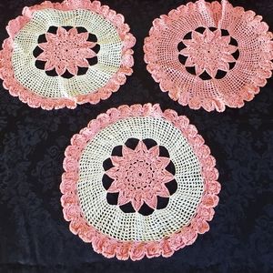 Lot of 3 VTG Hand Crocheted Doily Doilies Table Topper Pink White Star Round